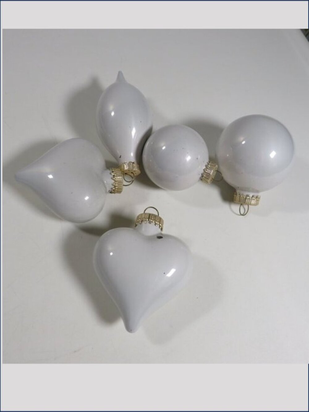 Vintage White Blown Glass Christmas Ornaments Set Farmhouse Hearts Ball Teardrop